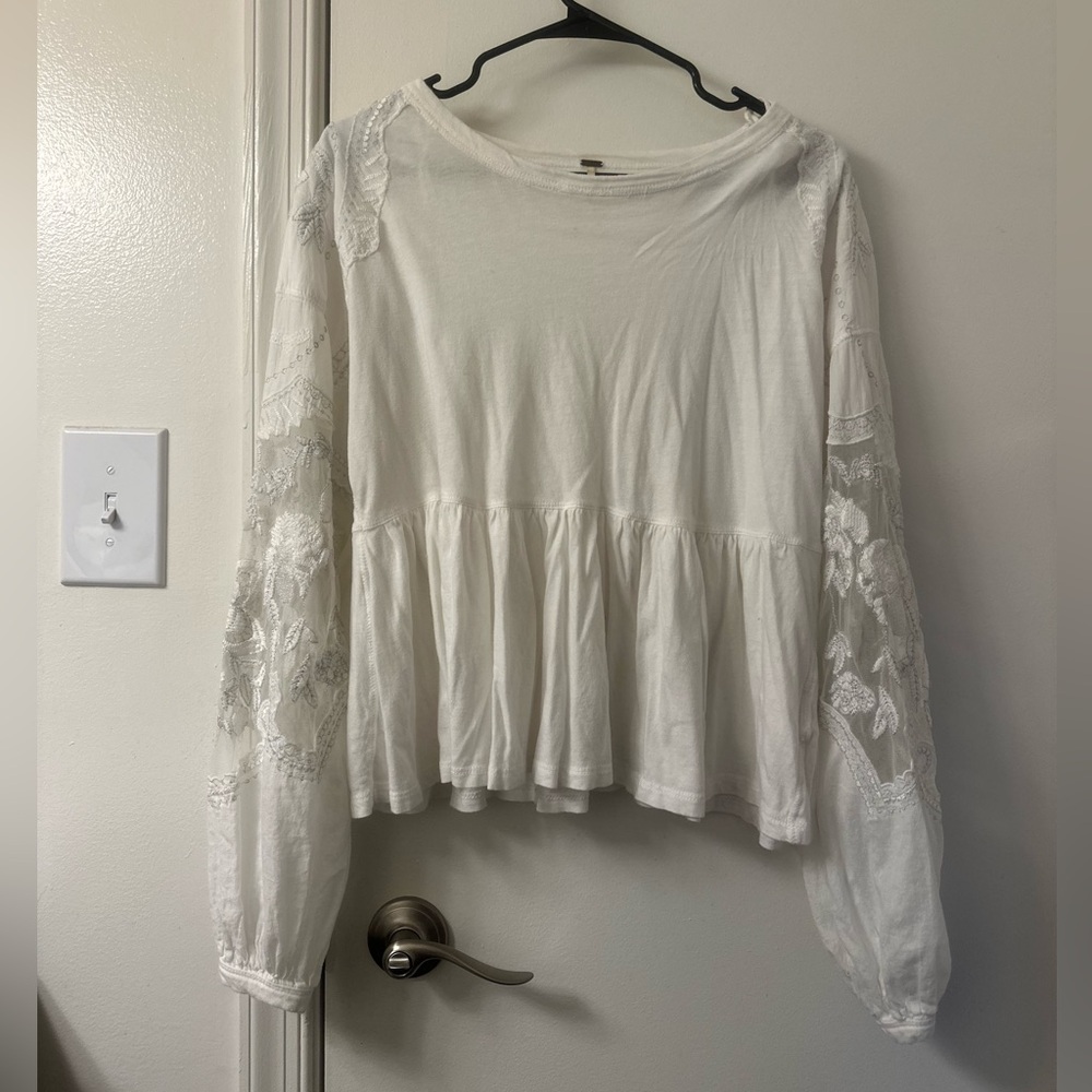 Free People White Embroidered Mesh Sleeve Peplum Top - Small